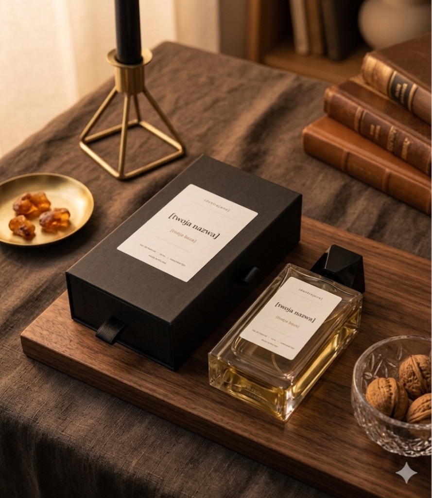 Pudełko i flakon perfum na ciemnym blacie obok książek i mosiężnego świecznika