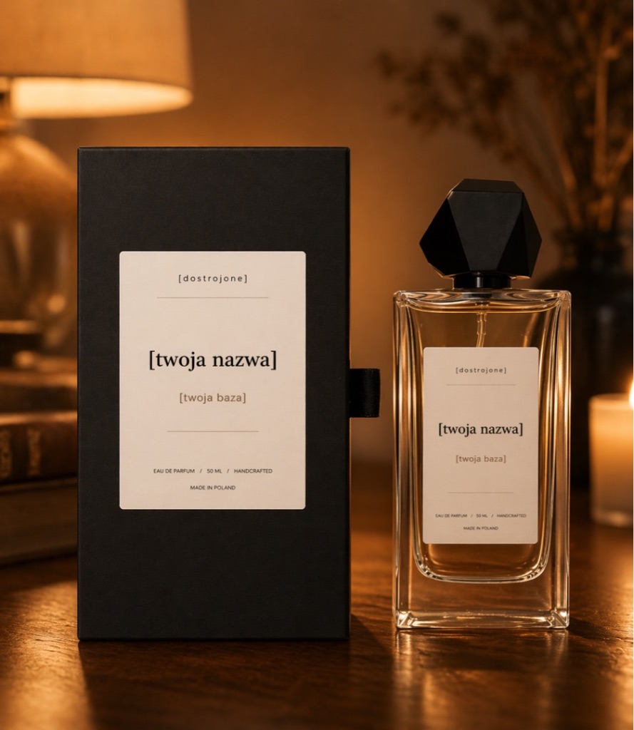 Wysoki kwadratowy flakon perfum [dostrojone] obok czarnego pudełka