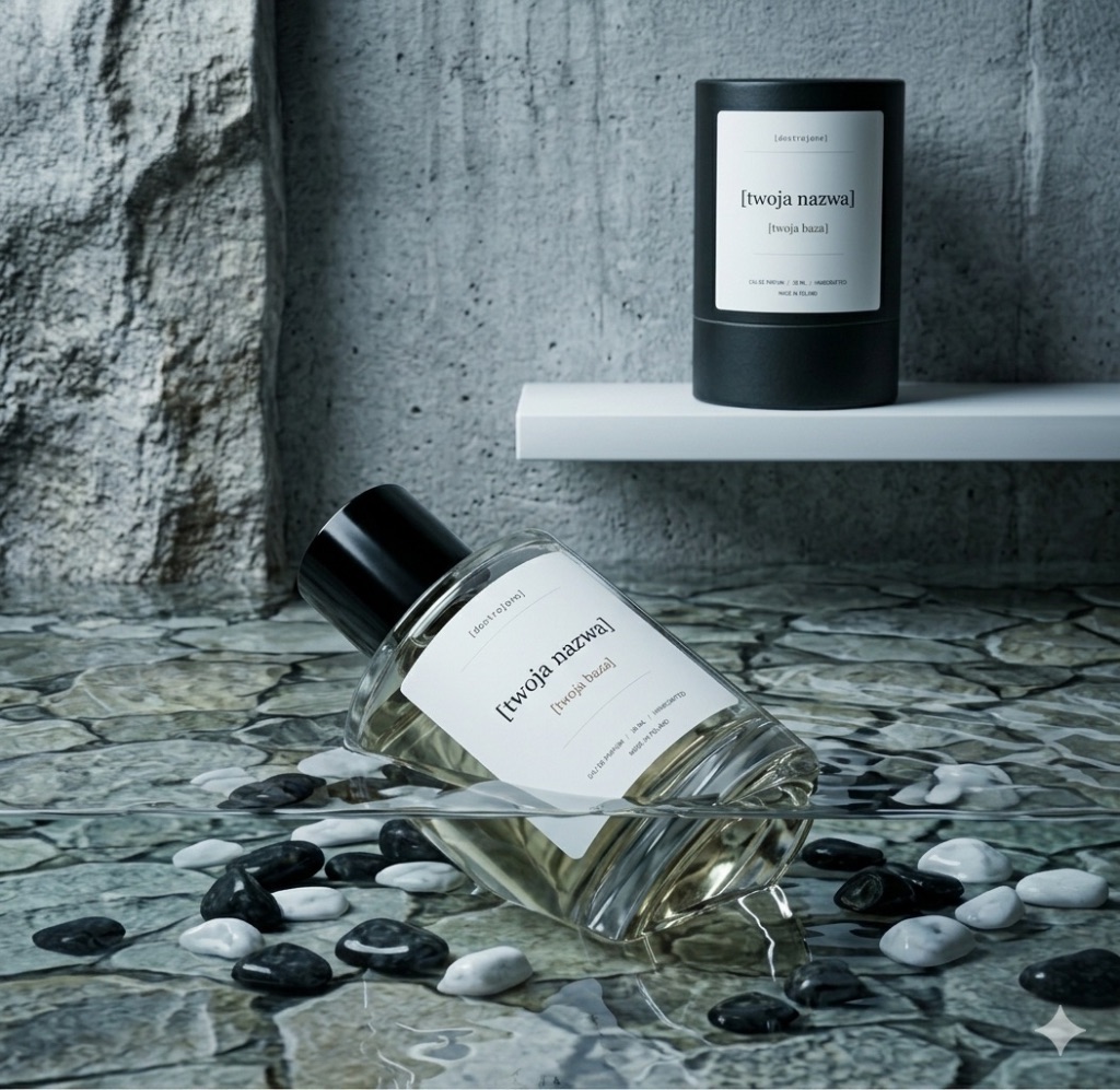 Flakon perfum na kamiennym podłożu z czarno-białymi otoczakami