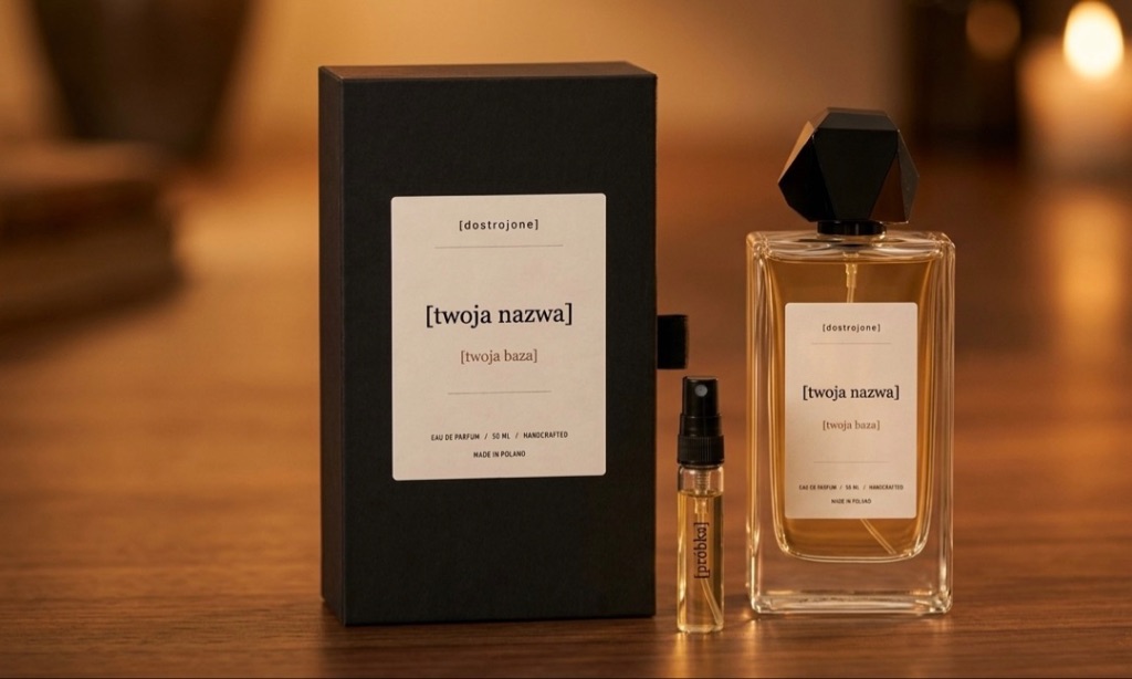 Kompozycja Próbka — flakon z próbnikiem na drewnianym blacie